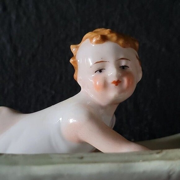 Antique Pin Dish Baby Swimming German Bisque Circa 1900, Antique Trinket Dish - Picture 3 of 10